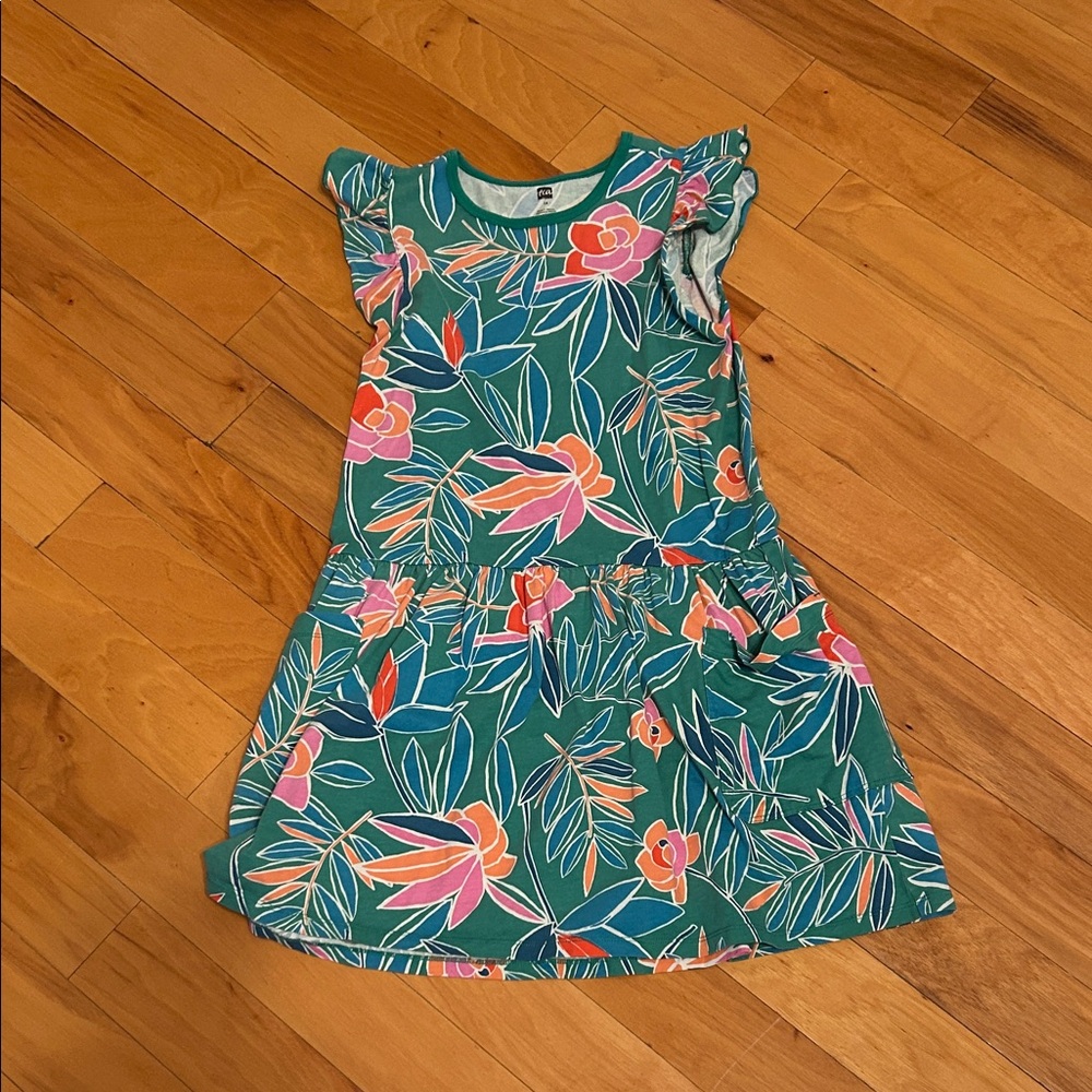 Tropical Floral Kids Dress in Green and Pink